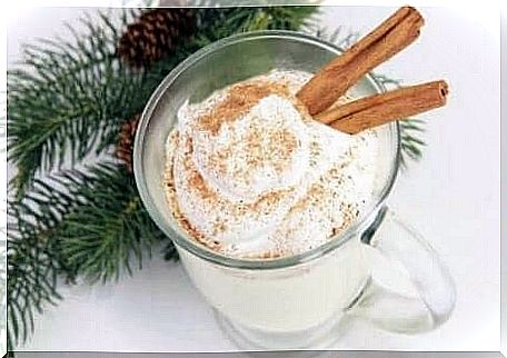 A cup of delicious homemade eggnog with whipped cream and cinnamon on top